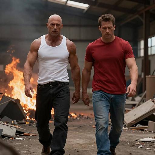 Muscular Men Braving a Fiery Warehouse