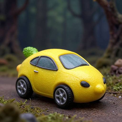 Photorealistic CGI of a bright yellow, textured, cartoon-style car with black windows and silver wheels, parked on a mossy forest path.
