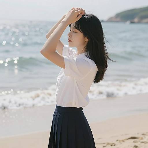 Asian Woman Adjusting Hair by Beach