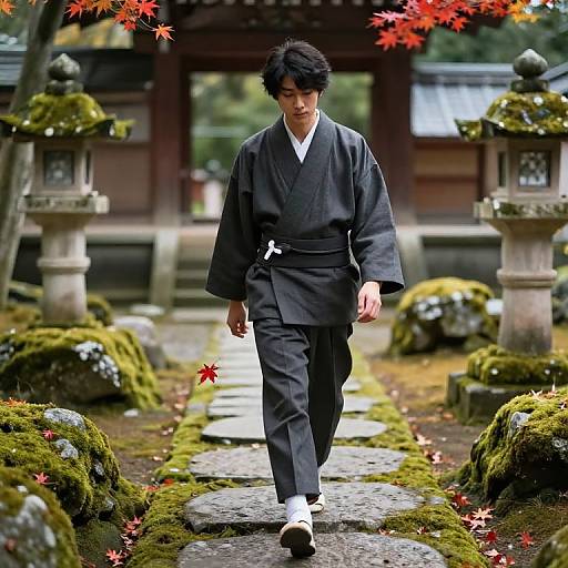 Photograph of a young Japanese man in a black kimono walking through a moss-covered stone path in a traditional garden, framed by red autumn leaves and