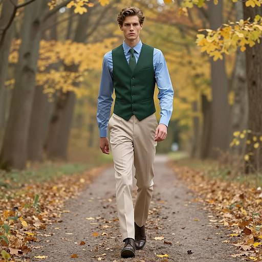 Young Man Walking on Autumn Forest Path