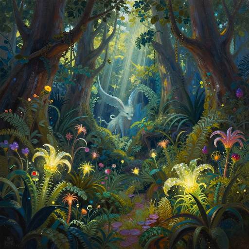 Fantastical forest scene with glowing flowers, dense ferns, and a mystical white winged creature in sunlight filtering through towering trees. Digital art.