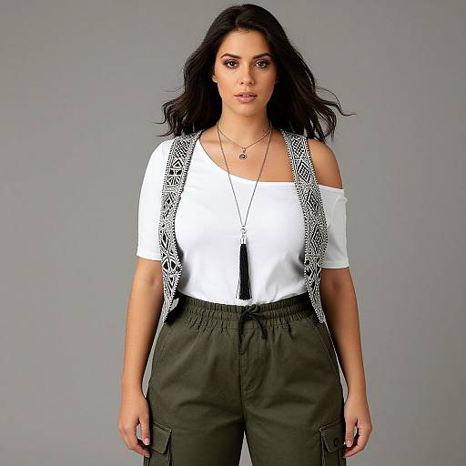 Photograph of a dark-haired woman with light brown skin, wearing a white off-shoulder top, green cargo pants, and black-and-white pattern