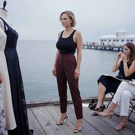 Photograph of a blonde woman in a black tank top and maroon pants, standing on a wooden dock, with two seated women observing her, overlooking