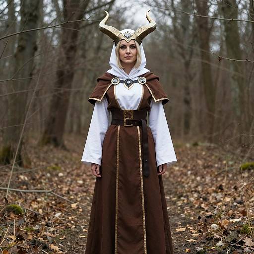 Photograph of a woman in a white tunic and brown medieval-style dress with horned headpiece, standing in a leaf-covered forest.