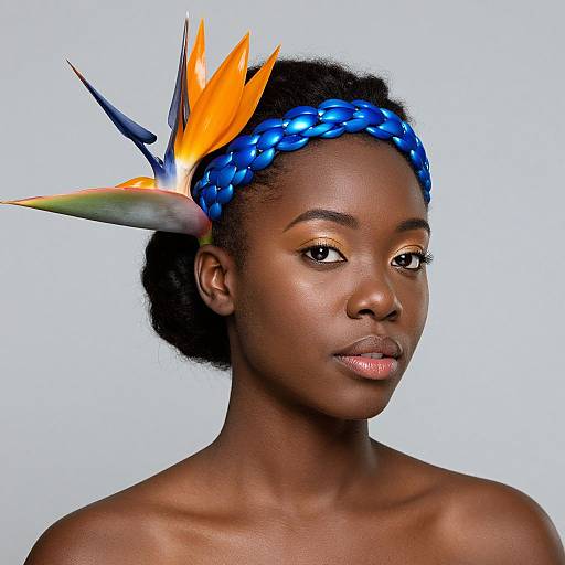 Photograph of a dark-skinned woman with a blue braided headband, wearing a Bird of Paradise flower as a hair accessory, against a white