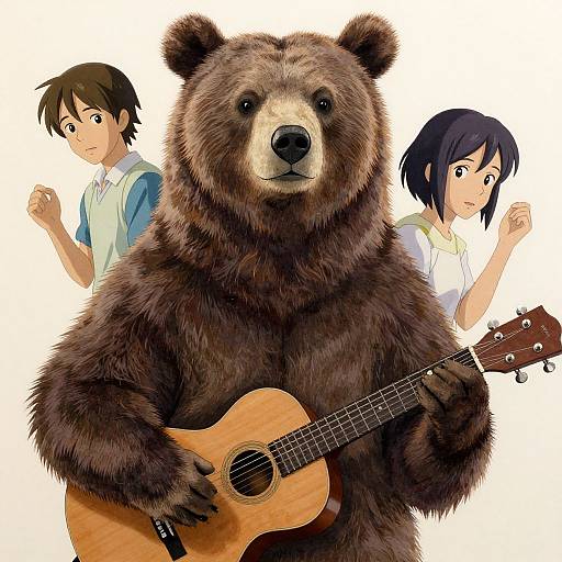 Digital anime-style illustration of a large brown bear playing a guitar, with two human characters in the background, one with brown hair and the other with black