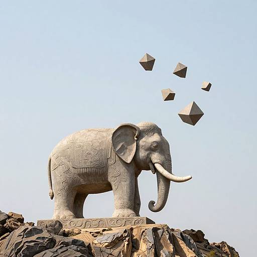 Photograph of a large, intricately patterned, stone elephant statue with raised trunk, standing on rocky terrain, with five floating geometric cubes in the