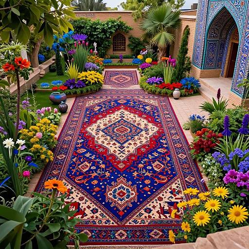 Photograph of a vibrant Persian-style courtyard garden with a colorful, intricate patterned rug, surrounded by blooming flowers, lush greenery, and blue