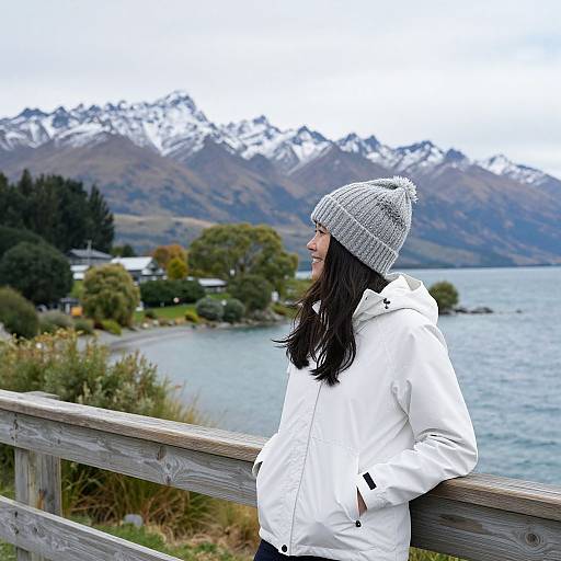 Photograph of a smiling woman in a white winter jacket and gray knit beanie, leaning on a wooden railing by a lake with snow-capped mountains