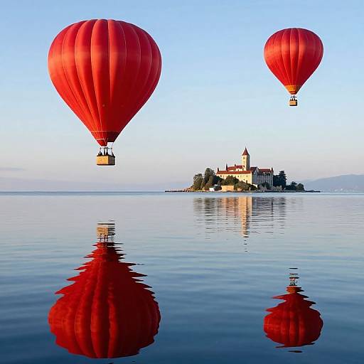 Photograph of two red hot air balloons over calm water, reflecting on the surface, with a distant island and castle in the background.