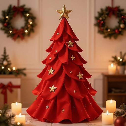 Photograph of a red, satin Christmas tree with gold stars, topped by a gold star, surrounded by lit candles and wreaths.