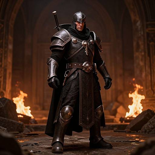 Photograph of a muscular, armored knight with a silver helmet, standing in a dimly lit, fiery dungeon, wearing black cloak and steel armor.