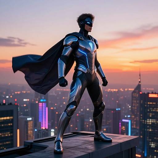 Photorealistic CGI of a silhouetted, silver armored superhero with a black cape, standing on a rooftop against a cityscape sunset.