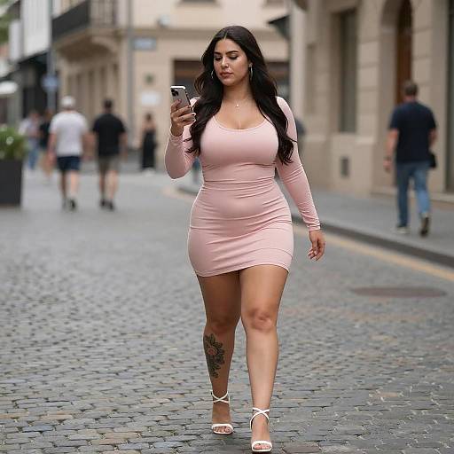 Curvy Woman on Cobblestone Street