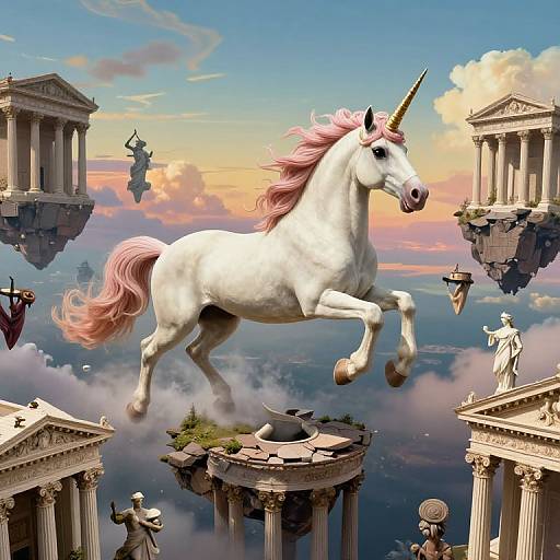 Digital artwork: majestic white unicorn with pink mane and horn, mid-leap, above floating ancient Greek columns, against a vibrant sunset sky.
