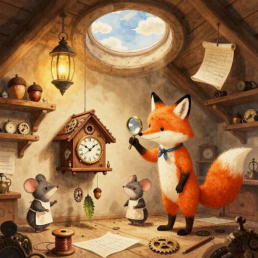 Whimsical Fox Clockmaker and Mouse Apprentices