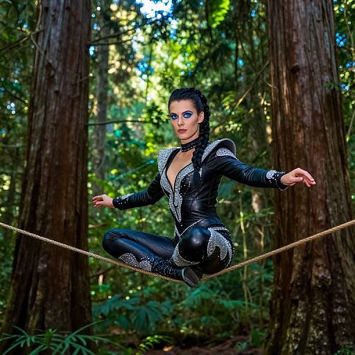 Photograph of a woman with black hair, blue eyeshadow, and black leather bodysuit with silver studs, balancing on a rope in a