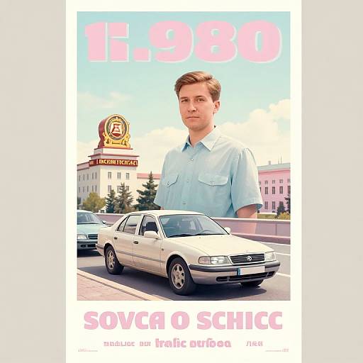 Photographic collage of a young white man in a light blue shirt, standing in front of a white car and an 