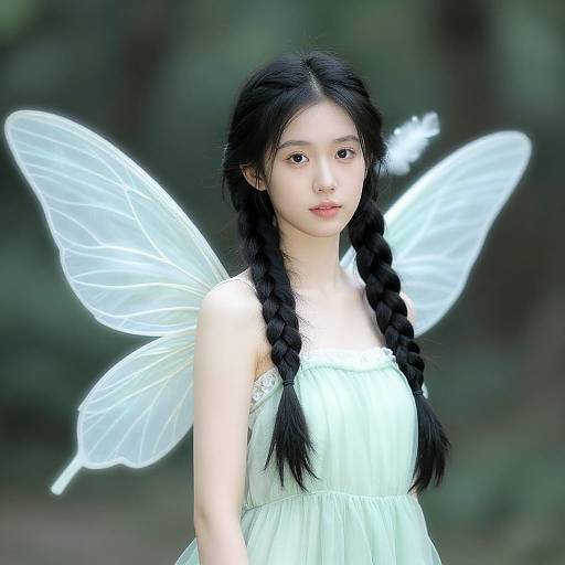 Photograph of an Asian woman with long black braids, wearing a white dress and ethereal white fairy wings, standing in a blurred green forest background