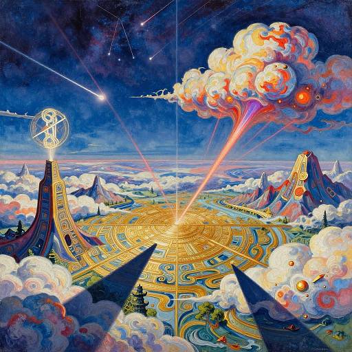 Vibrant digital illustration of a mystical city with golden labyrinth paths, towering spires, and a fiery, cloud-filled sky. Shooting stars and celestial