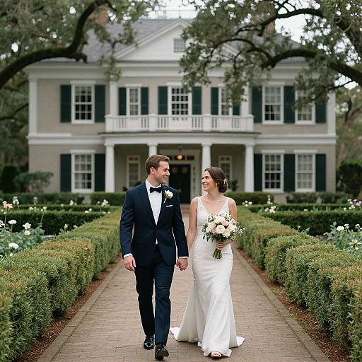Photograph of a smiling bride in a white dress and groom in a black tuxedo, holding hands, walking down a flower-lined path to a