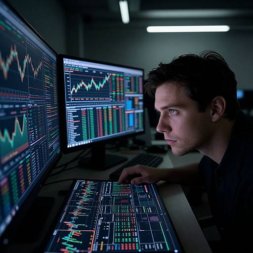 Photograph of a focused young man with short dark hair, intently monitoring multiple brightly lit, colorful financial trading screens in a dimly lit room.