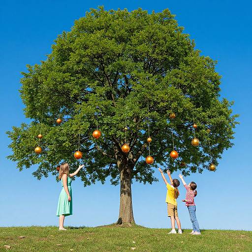 Photograph of two children, one in a green dress and one in yellow shirt, reaching for oranges on a lush tree under a clear blue sky.
