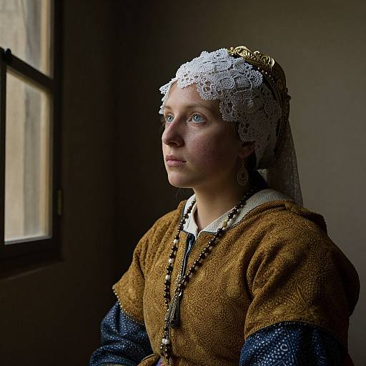 Photograph of a young woman with pale skin, blue eyes, and delicate lace headpiece, wearing a brown and blue textured medieval dress, gazing