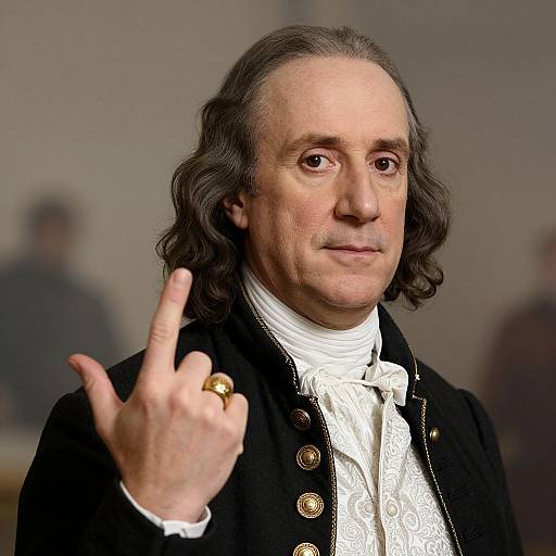 Photograph of an older man with long, wavy brown hair, wearing an 18th-century black coat and white cravat, pointing upwards