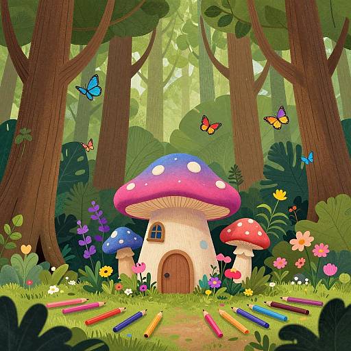 Whimsical forest scene with colorful mushrooms, scattered pencils, vibrant flowers, and butterflies around a tiny mushroom house in a dense, sunlit woodland.