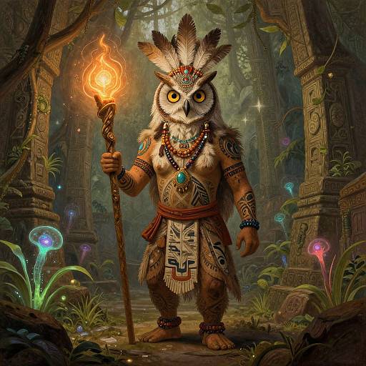 Digital fantasy artwork of a feathered owl humanoid with tribal jewelry, holding a flaming torch in a mystical, glowing forest temple.