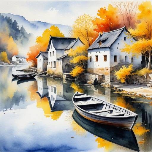 Autumn Riverside Village Watercolor