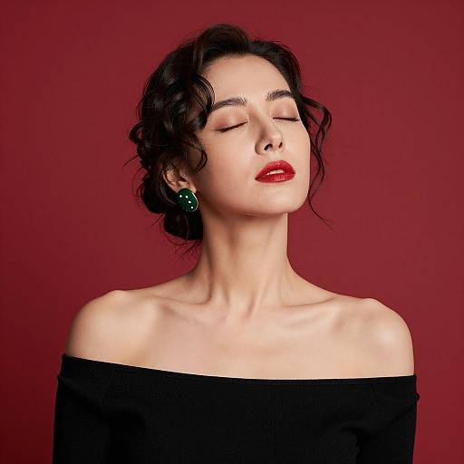 Elegant woman with dark curly hair and red lipstick