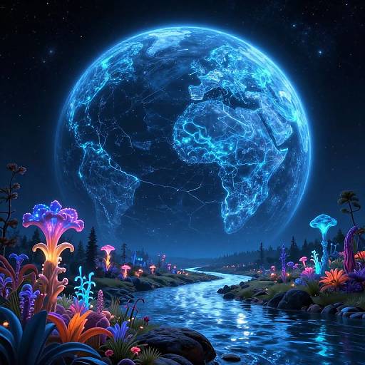 Digital artwork of a glowing, blue ethereal planet over a neon-lit, bioluminescent forest with vibrant, colorful fungi and a reflective river