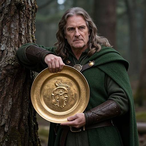 Photograph of an older man with long gray hair, wearing a dark green cloak and leather armor, holding a gold shield with a boar emblem,