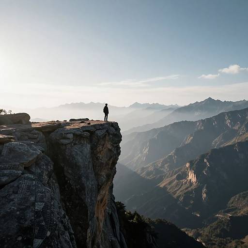 Photograph of a solo hiker standing on a rocky cliff edge, silhouetted against a bright sunlit mountain range with blue sky and distant