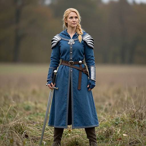 Photograph of a blonde woman in a blue medieval-style dress with armor accents, standing in a grassy field with trees in the background, holding a