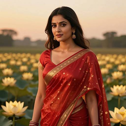 Photograph of an Indian woman with dark hair in a red saree adorned with gold embroidery, standing in a blooming lotus field at sunset.