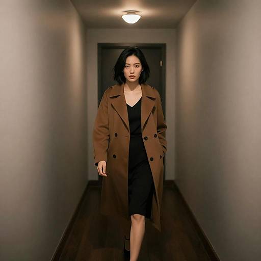 Intense Asian Woman in Dim Hallway