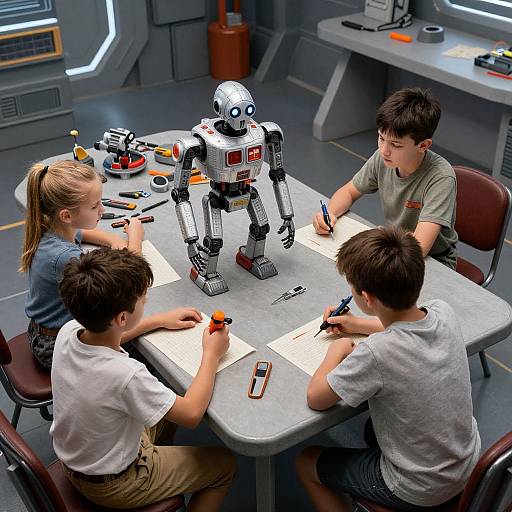 Four children and a robot engaging in drawing at a table in a sci-fi setting, with tools and a model nearby.