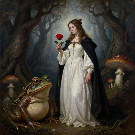 Fantasy painting: fair maiden with curly brown hair, white gown, black cloak, holding red rose, standing beside large frog, in enchanted forest with