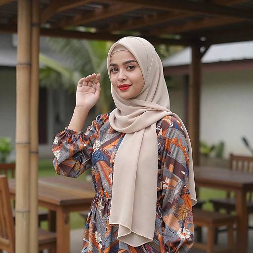 Young Woman in Hijab Under Pergola