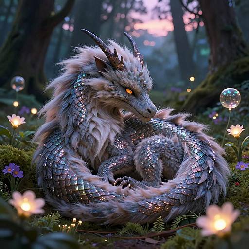 Digital artwork of a majestic, silver-scaled, dragon with glowing orange eyes, curled in a forest of glowing flowers and bubbles.