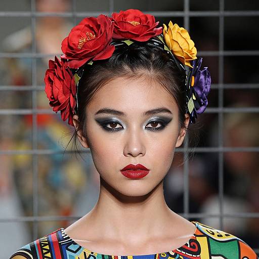 Photograph of an Asian model with dark hair, vibrant red, yellow, and purple flower headpiece, bold red lipstick, dramatic eye makeup, and