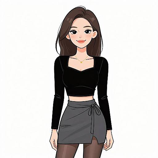 Digital anime-style drawing of a smiling woman with long brown hair, wearing a black long-sleeve crop top and gray skirt. White background.