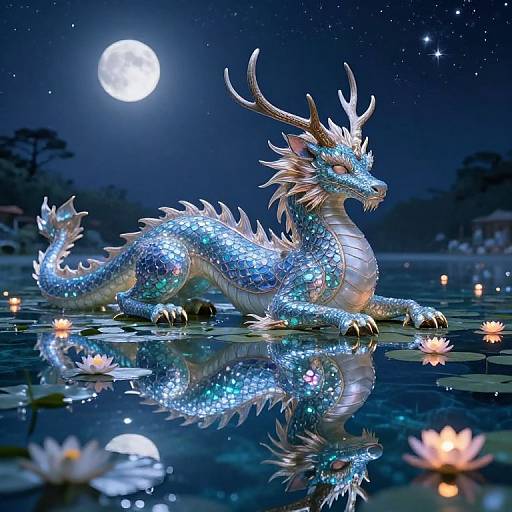 Dragon with Deer Antlers by Enchanted Lake