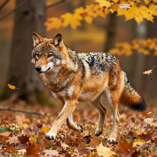 Furry Wolf Running in Autumn Forest