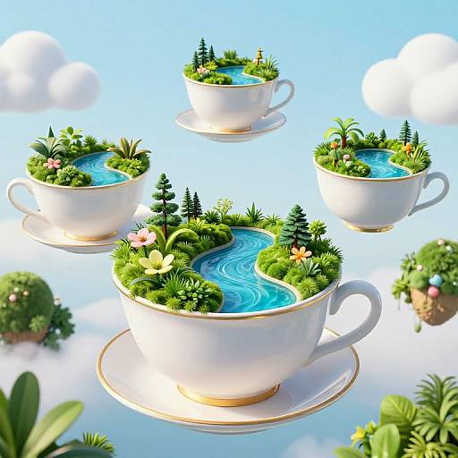 Digital artwork of five white teacups with miniature, detailed green landscapes, blue winding rivers, and flowers, floating in a bright blue sky with clouds
