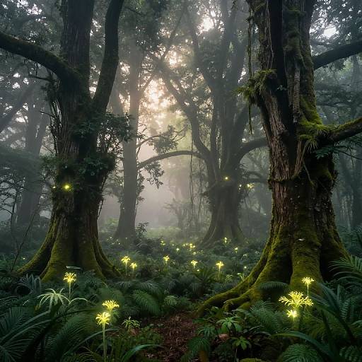 Mystical forest photograph with towering moss-covered trees, ethereal sunlight, and glowing yellow flowers among lush green ferns and mist.